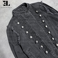 Veste Bomber en Jean Délavé Style Napoléon LARSUR, Coupe Slim, Col Montant, pour Moto, Veste Hussar en Jean Court