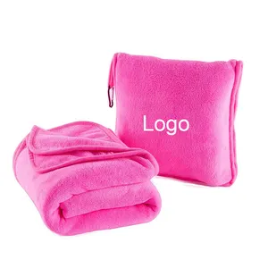 Wholesale Custom Logo Hand Luggage Belt Travel Pillow Blanket in Pouch Flannel Fleece Throw Blanket With Bag