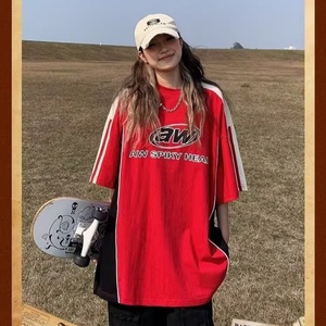 Women's Retro <b>Patchwork</b> Over SizeT-<b>Shirt</b> Summer Casual Loose Street Top Knitted Fabric Short Versatile Contrasting Letter Print - Product Image 4