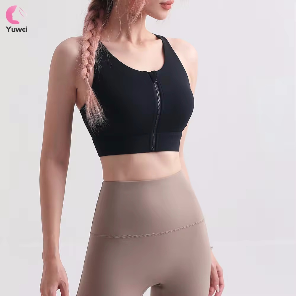 High Support Zip Running Workout Top Yoga Bra Medium Cross Back Sports Bra with Seamless Feature Zipper in Front