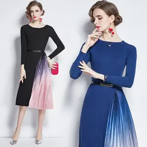 Großhandel mode kleid schärpen-Modedesigner Kleid Frühling Herbst Damen kleid Schärpen Stricken Langarm Patchwork Plissee Kleider