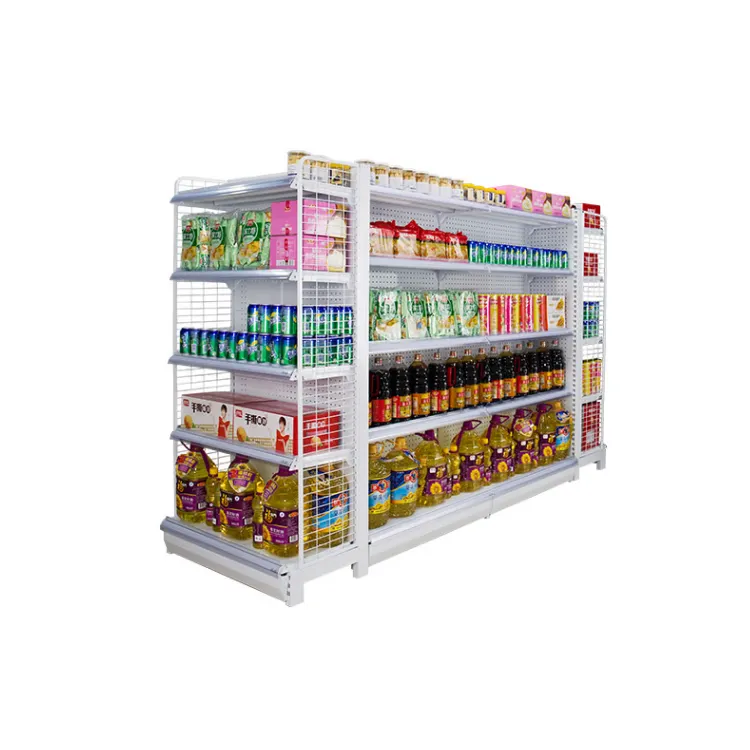 2020カスタムスーパーマーケットスチール木製スナック棚食料品ディスプレイスタンド店の棚片面棚
