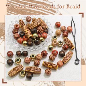 60pcs Retro Wood <b>Bead</b> Hair Accessory Set Tribal Style DIY Dreadlocks with Large Hole <b>Beads</b> and Wooden <b>Beads</b> - Product Image 2