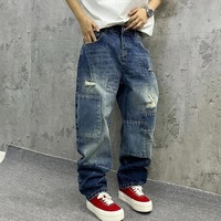 Jeans en denim rayé délavé style vintage américain, coupe droite et ample, nouvelle collection personnalisée pour hommes