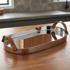 Plateau de service rond de luxe en acier inoxydable avec poignées en cuir, compatible lave-vaisselle et portable - Product Image 3