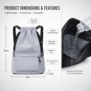 Sac à dos imperméable 210D avec cordon de serrage, sac de sport, de plage, de gym, poche avant zippée, logo personnalisé, taille moyenne, pour femmes et hommes, en polyester tendance - Product Image 2