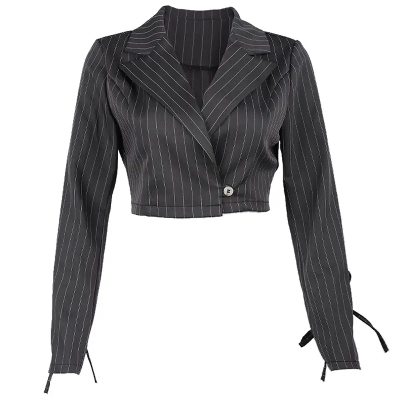 1 Button Long Sleeve Stripe Short Blazer Grey Blazer Woman