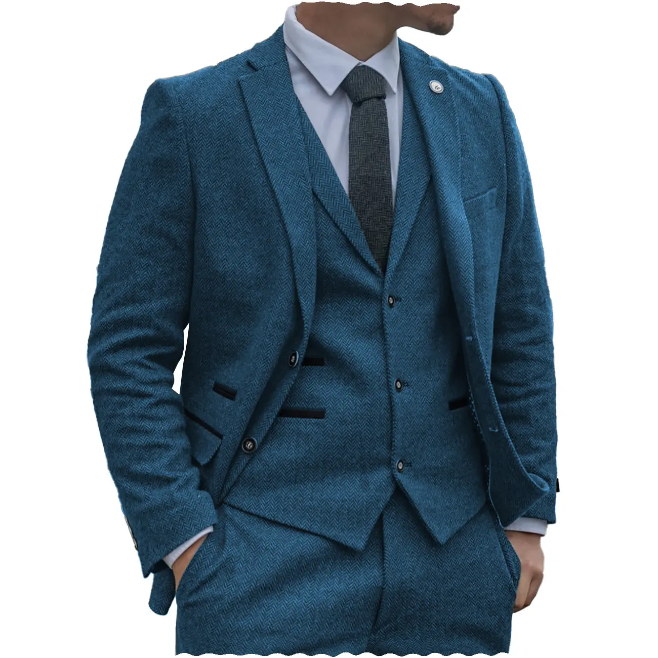 Thường Màu Xanh Người Đàn Ông Của Phù Hợp Với Thường Xuyên Phù Hợp Với 3 Mảnh Tweed Tuxedos Xương cá notch Ve Áo Áo Áo + Vest + Quần Cho Buổi Tối Đảng