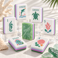 Tuiles de Mahjong américaines en acrylique thème côtière, dos en marbre vert, thème plage et océan, coquille Joker, ensemble de jeu premium, cadeau