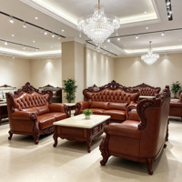 Europäischer Stil Ledersofa-Set 3-Sitzer 2-Sitzer 1-Sitzer Geschnitzter Holzrahmen Luxus Wohnzimmer Hotel Möbel