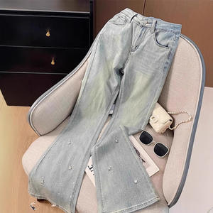 Jean évasé bleu clair pour femme, taille mi-haute, motif géométrique, polyester/coton, coupe classique, denim vintage, délavage clair, respirant, Nouveauté 2025 - Product Image 1