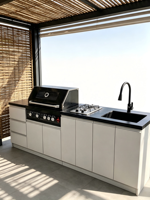 Barbecue pliant au gaz naturel à 5 brûleurs, plaque latérale à 2 brûleurs, acier inoxydable, montage facile, design compact, plan de travail en marbre noir