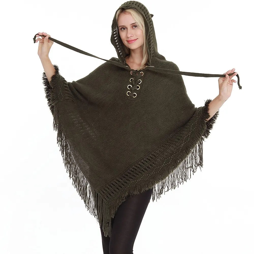 Poncho de ganchillo para mujer, gorro con capucha y dobladillo con flecos