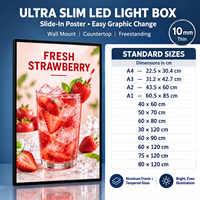 Support d'affichage de menu LED lumineux, panneau publicitaire mince, panneau graphique coulissant, plusieurs tailles standard pour la publicité en magasin