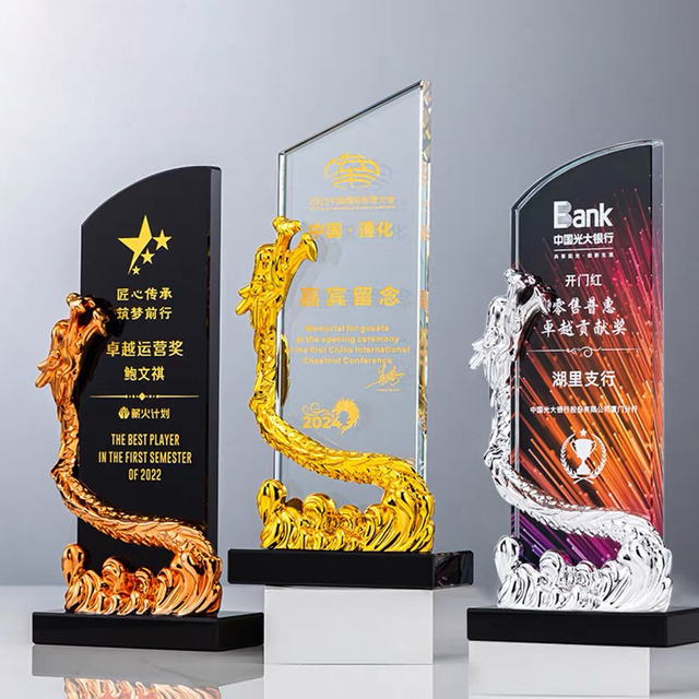 Personalized Printing Crystal Dragon Trophy Gold Silver Bronze Resin Dragon Crystal Trophy Awards MH-NJ0990