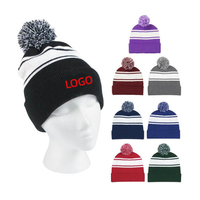 Gorro de Punto con Pompón y Rayas Personalizado con Logotipo, Gorro de Invierno Cálido de Dos Tonos con Rayas y Puño, para Deportes de Equipo