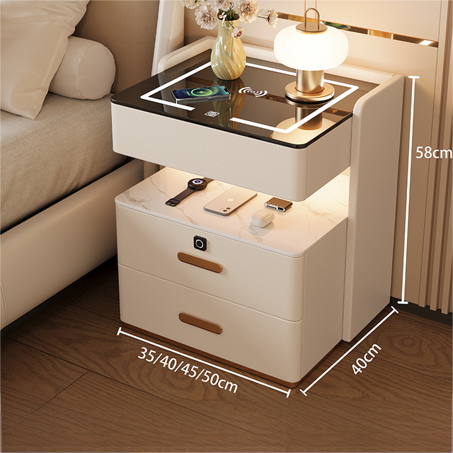 Multi Functional Bedside Table in the Bedroom, Equipped with Wireless Charging and Adjustable Tri Color LED Smart Nightstand