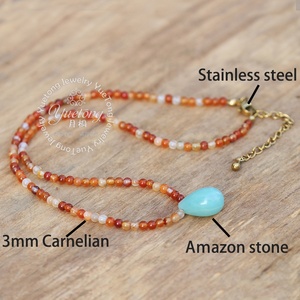 Handmade Natural Stone AmazonStone Teardrop <strong>Carnelian</strong> Beads Choker <strong>Necklace</strong> Minimalist 18k Gold Plated Stainless Steel Jewelry - Product Image 3