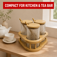 Juego de 3 tarros de especias de vidrio acanalado con tapa de bambú y soporte, contenedor hermético para condimentos con ranura para cuchara, para cocina y barra de té