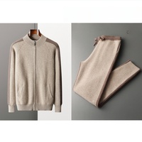 Ensemble sportif décontracté en cachemire épais avec logo personnalisé OEM, cardigan à fermeture éclair en tricot et pantalon ample en tricot, ensemble deux pièces pour hommes
