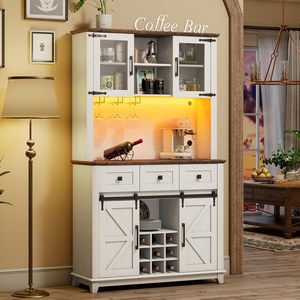 Bar à café et armoire à vin sur mesure avec porte coulissante lumineuse, éclairage LED, casier à vin latéral et style rustique. - Product Image 1
