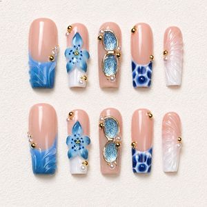 TSZS 10 <span class=keywords><strong>Uñas</strong></span> Postizas Francesas Blancas Hechas a Mano de Alta Calidad, <span class=keywords><strong>Uñas</strong></span> Artificiales Largas y Cuadradas con <span class=keywords><strong>Flores</strong></span> de Diamantes de Imitación <span class=keywords><strong>en</strong></span> 3D - Product Image 2