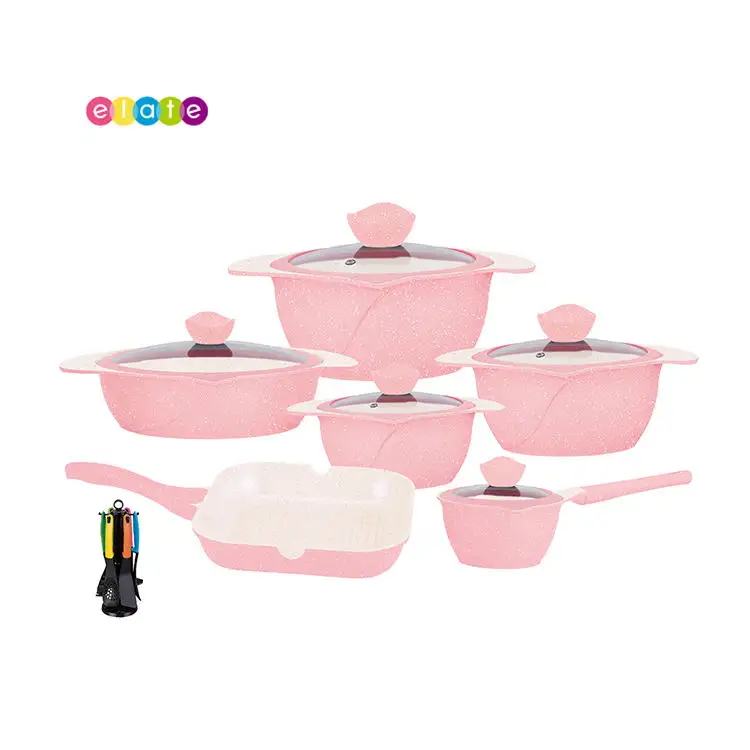 Hot Sale Cooking Pot 5Pcs Home Induction New Nonstick Pink Wok Die Casting Aluminium Casserole Cookware