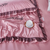 Nouvelle collection Printemps 2025 : Parure de lit 4 pièces en soie lavée, rose uni, avec housse de couette et couvre-lit à motifs floraux et dessins animés