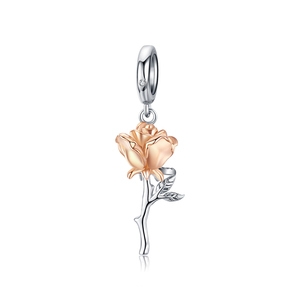 Pendentif en alliage plaqué or rose avec fleur, tige et feuilles argentées, romantique, pour cadeau unisexe - Product Image 1