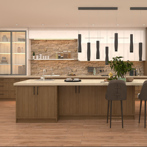 Meubles de cuisine contemporains avec îlot, armoires en bois mat et blanc brillant, plan de travail en quartz, meubles pour la maison - Product Image 1