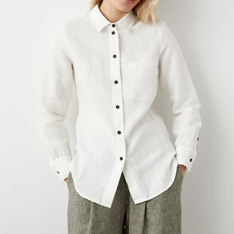 Camisa de lino de manga larga con botones de moda sostenible para mujer Camisa de lino blanco para mujer