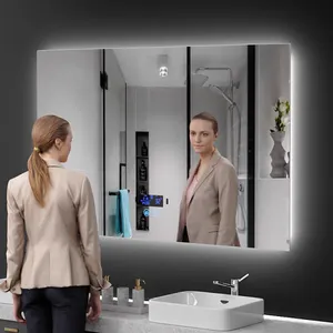 Espejo de baño con pantalla de tiempo redondo Rectangular de estilo moderno, espejo inteligente desempañador retroiluminado con Led personalizado