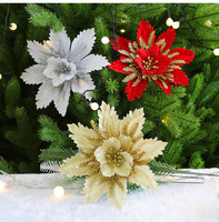 Bunga Natal Baru 20cm, Bunga Natal Merah Emas, Daun Flanel, Glitter, Simulasi Bunga Natal, Dekorasi DIY, Liontin