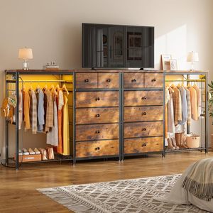 Cómoda rústica marrón <span class=keywords><strong>de</strong></span> 6 cajones con tapa <span class=keywords><strong>de</strong></span> <span class=keywords><strong>madera</strong></span> y paneles <span class=keywords><strong>de</strong></span> rejilla contemporáneos, con perchero para ropa, ideal para dormitorio o armario <span class=keywords><strong>de</strong></span> sala <span class=keywords><strong>de</strong></span> estar. - Product Image 6