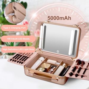 Trousse de maquillage avec miroir lumineux, organiseur portable et valise de transport pour maquilleurs et coiffeurs (or rose) - Product Image 3