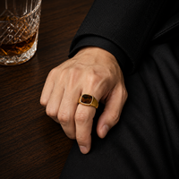Bague Chevalière JLM Vintage Plaqué Or 18K avec Œil de Tigre, Pierre Naturelle Marron, en Acier Inoxydable pour Homme, Vente en Gros