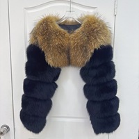 Veste Courte en Fourrure de Renard et de Raton Laveur Double Trame de Luxe de Haute Qualité RX Furs avec Deux Manches Longues en Fourrure pour Femme
