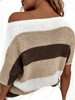 Pull en maille rayé pour femme, collection été 2026, épaules dénudées, manches courtes, maille ajourée, 100 % polyester, tons terre