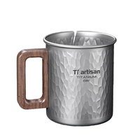 Mug en titane 450 ml, pot de camping, tasse à café de camping, mug de camping avec couvercle, poignée pliable, portable, léger, motif martelé