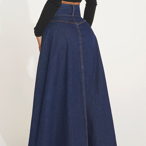 Tùy Chỉnh Của Phụ Nữ Bông Phụ Nữ Màu Xanh Một Dòng Lỏng Lẻo Giản Dị Xù Denim Maxi Váy Dài Denim Jean Váy - Product Image 4
