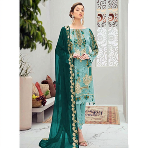 Vestido Salwar Kameez Dupatta de Diseñador Internacional Iqbals Lagoon para Fiestas y Festivales, Listo para Usar, en Viscosa, Algodón y Lino con Bordado - Product Image 1