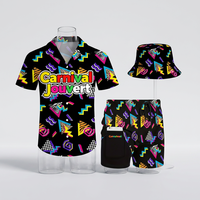 Ensemble assorti de carnaval des Caraïbes personnalisé, chemise à manches courtes imprimée vibrante, short, chapeau bob, tenue 3 pièces/ensemble FSoca Fetes