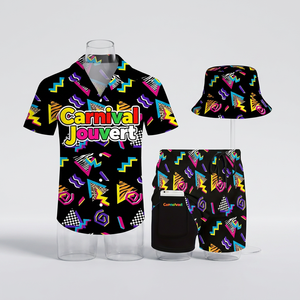 Conjunto a juego personalizado para el <span class=keywords><strong>Carnaval</strong></span> Caribeño Jouvert, camisa <span class=keywords><strong>de</strong></span> manga corta con estampado vibrante, pantalones cortos y sombrero tipo pescador, conjunto <span class=keywords><strong>de</strong></span> 3 piezas, FSoca Fetes - Product Image 1