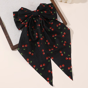 New Girls Elegant Oversized <b>Bow</b> Long Ribbon Fabric Alloy Hair <b>Clip</b> Sweet Handmade Cherry Print Spring Wedding Hair Accessory - Product Image 6