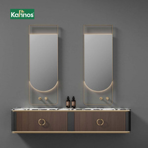 Meuble-lavabo haut de gamme en marbre avec vasque en céramique, miroir LED et grand rangement mural pour maisons et hôtels modernes - Product Image 1