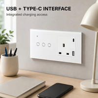 Interruptor de Pared Inteligente WiFi Estándar del Reino Unido Serie 146 y Enchufe Combinado con Panel de Vidrio Templado Compatible con Alexa y Google Assistant