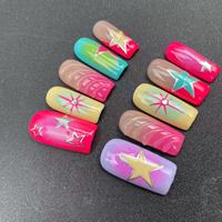 Ongles longs en forme de cercueil faits à la main de haute qualité, peints à la main avec une étoile à cinq branches colorée, réutilisables, vente en gros d'usine
