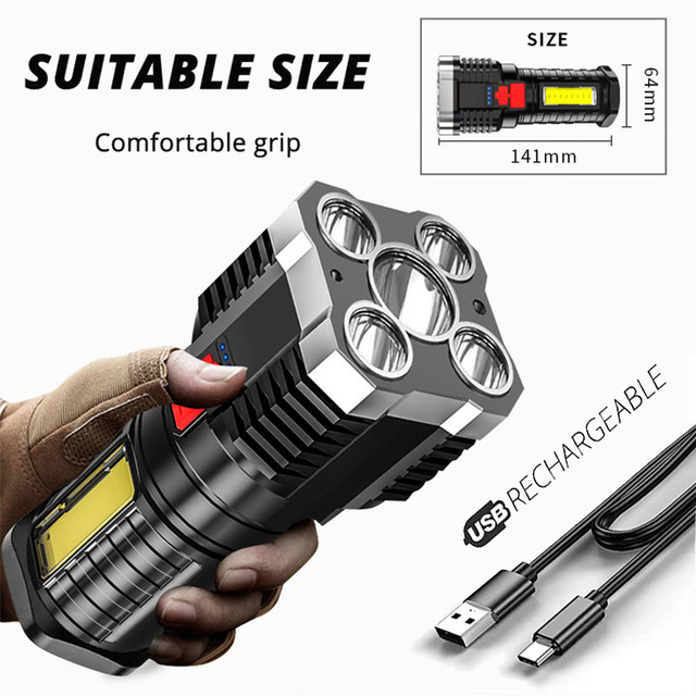 Rechargeable LED Flashlight with Long Range Spotlight Multifunctional ABS COB Lithium Battery for Camping or Tactical Use