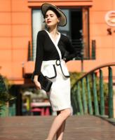 Ensemble de bureau élégant pour femme ODM OEM, col en V, manches longues, noir et blanc, boutonné, en Spandex/Polyester, anti-rétrécissement, anti-statique
