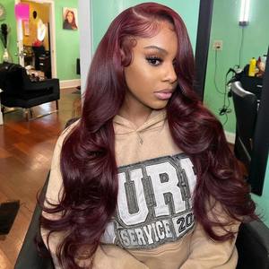 Vino Tinto Oscuro # Pelucas de Cabello Humano Virgen Brasileño Baratas, Onduladas, Rojas 99j, con Encaje Frontal Completo 13X4 - Product Image 2